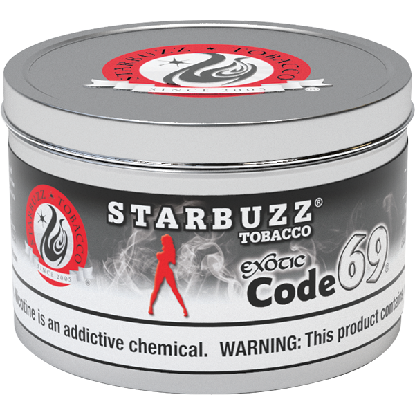 Starbuzz Tobacco Exotic Code 69 flavored tobacco in a silver round tin by LE TABAC