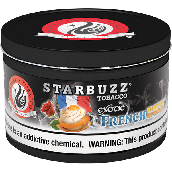 Starbuzz Tobacco Exotic French Buzz flavored hookah tobacco in a black round container
