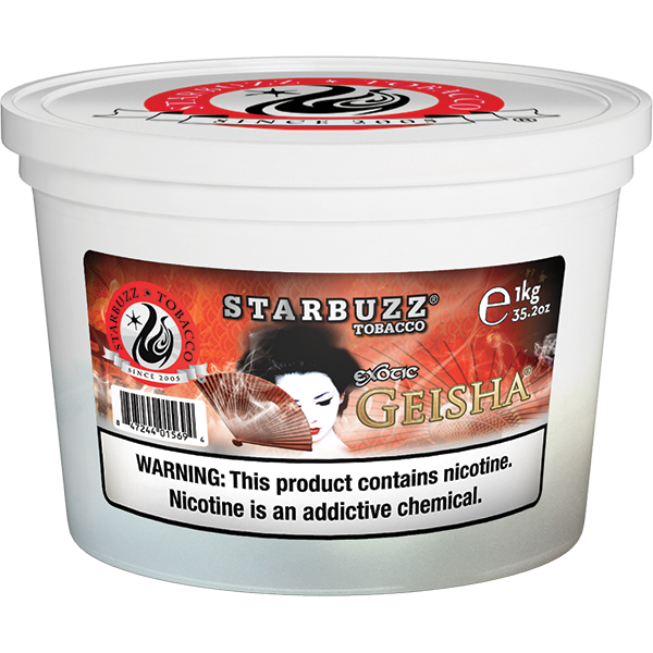 Starbuzz Tobacco Exotic Geisha flavor in a 1kg white container with nicotine warning label