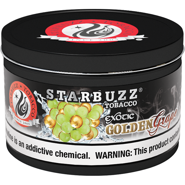 Starbuzz Tobacco Exotic Golden Grape flavored shisha tobacco in a black round container