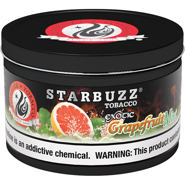 Starbuzz Tobacco Exotic Grapefruit Mint flavored shisha tobacco in a black round container