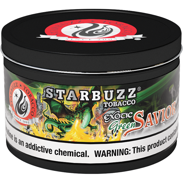 Starbuzz Tobacco Exotic Green Savior flavored hookah tobacco in black round container