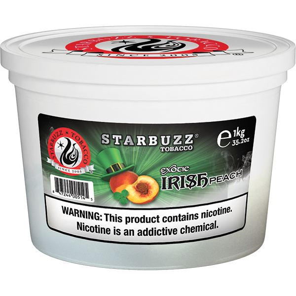 Starbuzz Tobacco Exotic Irish Peach flavor 1kg container with nicotine warning label