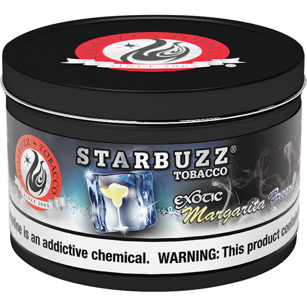 Starbuzz Tobacco Exotic Margarita Flavor hookah tobacco can with black lid and smoky background