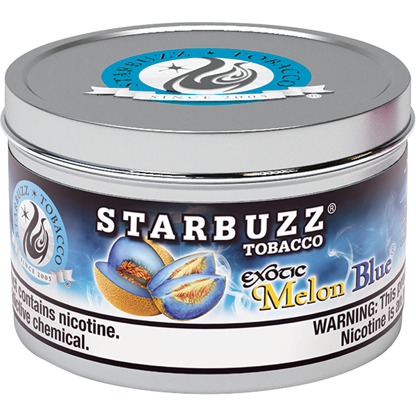 Starbuzz Tobacco Exotic Melon Blue flavored tobacco in a silver round tin by LE TABAC