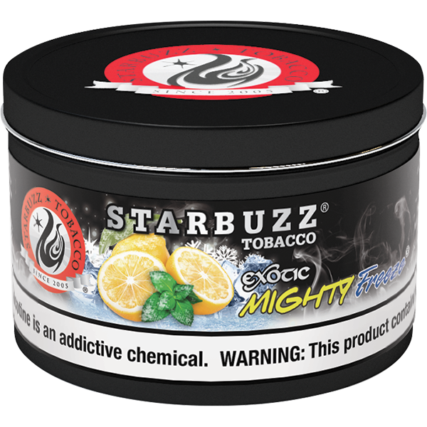 Starbuzz Tobacco Exotic Mighty Freeze flavored shisha tobacco with lemon and mint on black tin