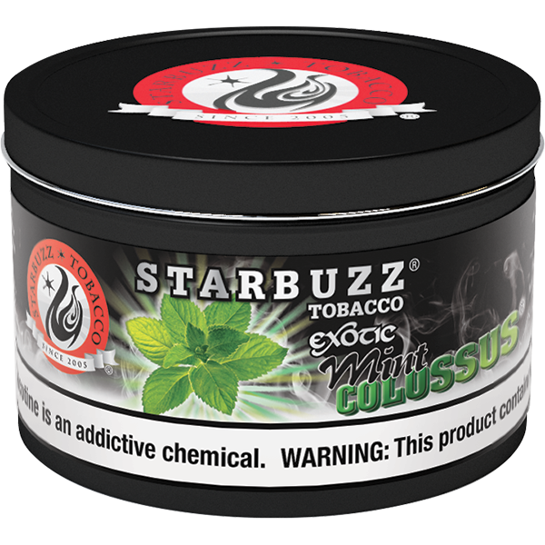 Starbuzz Exotic Mint Colossus tobacco can with mint leaves and warning label from LE TABAC