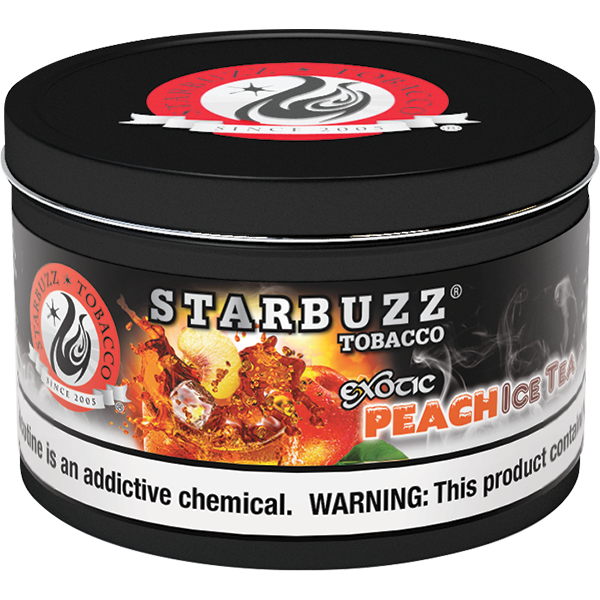 Starbuzz Tobacco Exotic Peach Ice Tea flavored shisha tobacco in black round container by LE TABAC