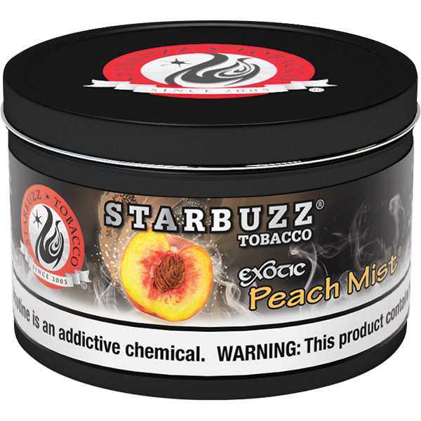 Starbuzz Tobacco Exotic Peach Mist flavor tobacco in a black round container with peach image