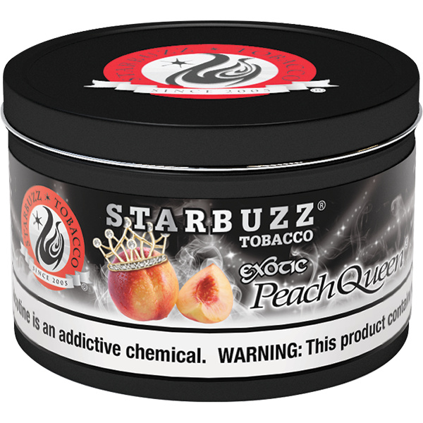 Starbuzz Tobacco Exotic Peach Queen flavored hookah tobacco in black round container by LE TABAC