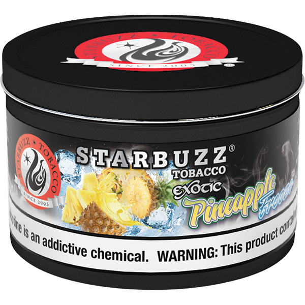 Starbuzz Tobacco Exotic Pineapple Freeze flavor in a black round container with ice and pineapple graphics