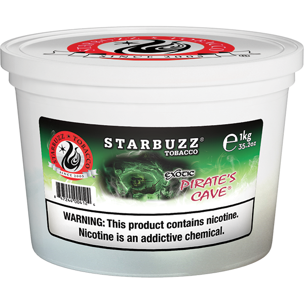 Starbuzz Tobacco Exotic Pirate's Cave 1kg container with nicotine warning label by LE TABAC