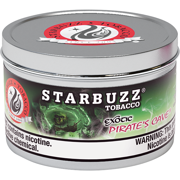 Starbuzz Tobacco Exotic Pirate's Cave flavor can with nicotine warning label