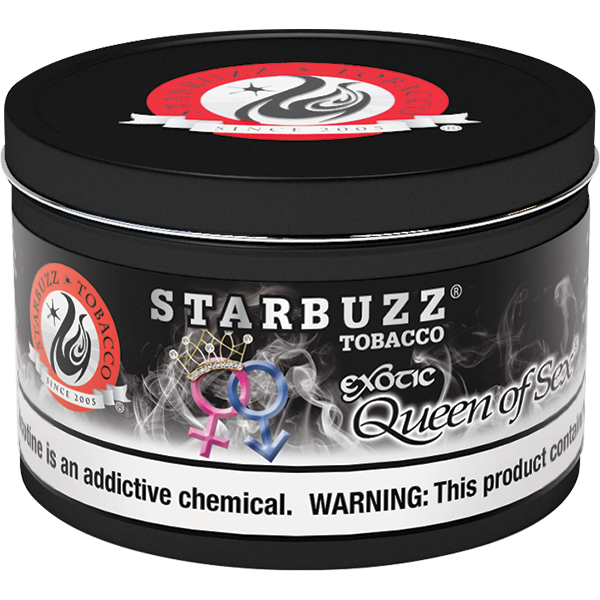 Starbuzz Tobacco Exotic Queen of Sex flavored shisha tobacco in round black container