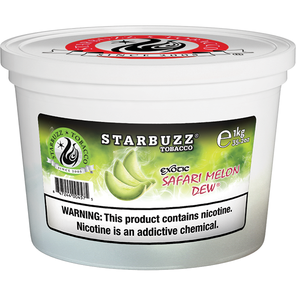 Starbuzz Tobacco Safari Melon Dew 1kg container with nicotine warning label