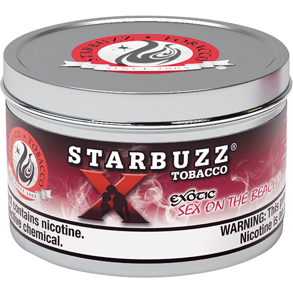 Starbuzz Tobacco Exotic Sex on the Beach flavored shisha tobacco in a round metal tin by LE TABAC