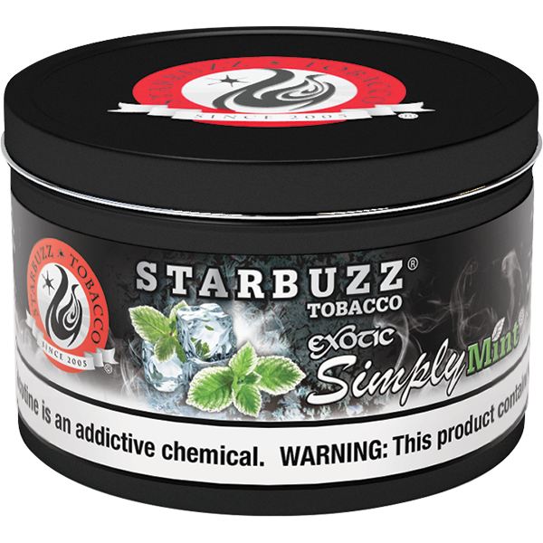 Starbuzz Tobacco Exotic Simply Mint flavor in a black round container with mint leaves and ice imagery