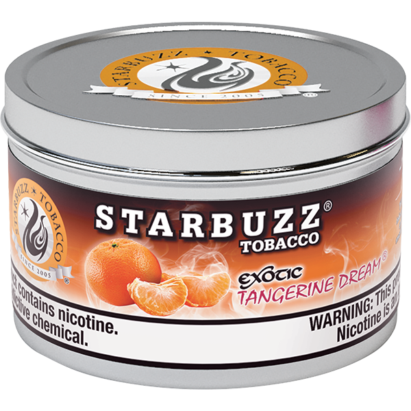 Starbuzz Tobacco Exotic Tangerine Dream flavored tobacco in a round metal tin by LE TABAC