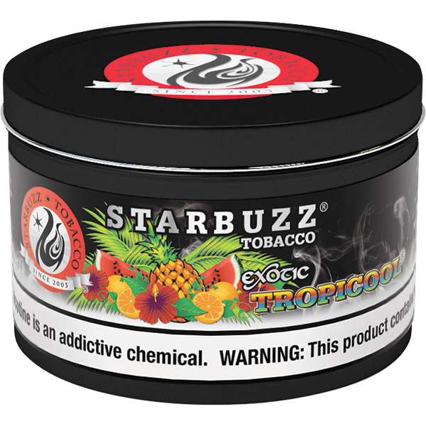 Starbuzz Tobacco Exotic Tropicool flavored shisha tobacco in a black round container with tropical fruit design