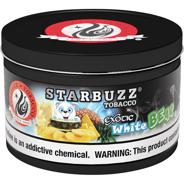 Starbuzz Tobacco Exotic White Bear flavored shisha tobacco in black container with tropical fruit design