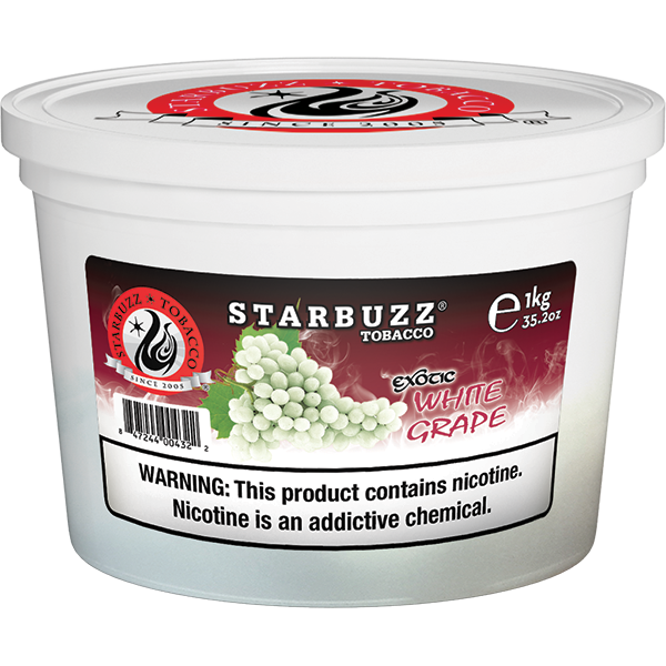 Starbuzz Tobacco Exotic White Grape flavor 1kg container with nicotine warning label