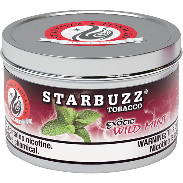 Starbuzz Tobacco Exotic Wild Mint flavor in a silver round tin with mint leaves on label