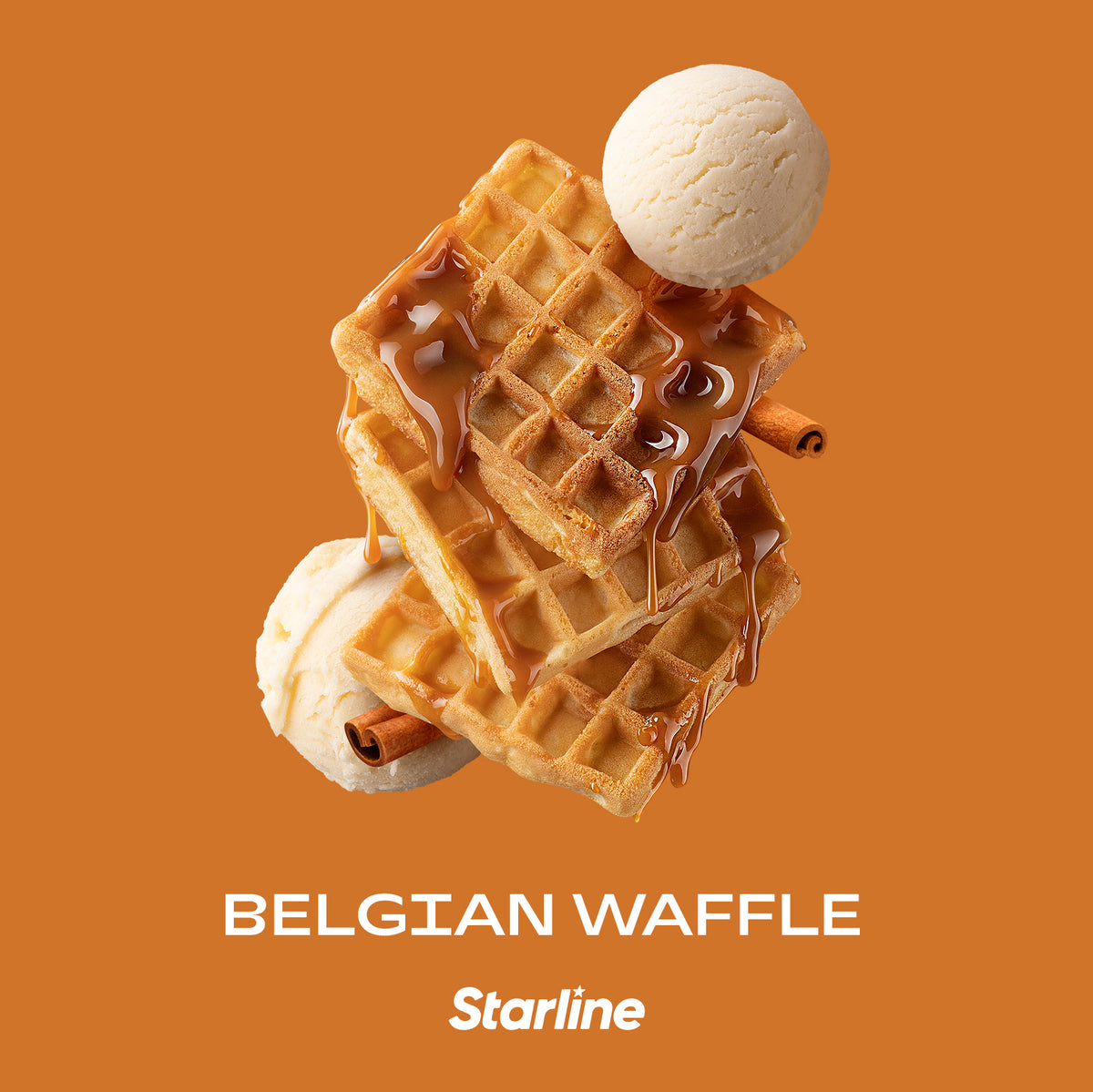 Belgian waffles drizzled with caramel sauce served with two scoops of vanilla ice cream and cinnamon sticks