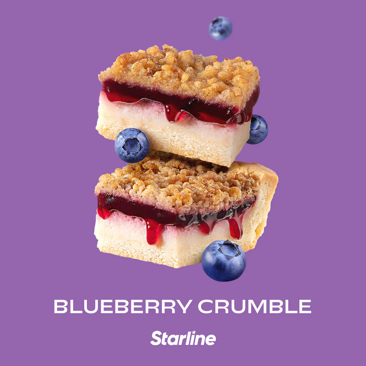 Blueberry crumble dessert squares with crumbly topping and fresh blueberries on purple background