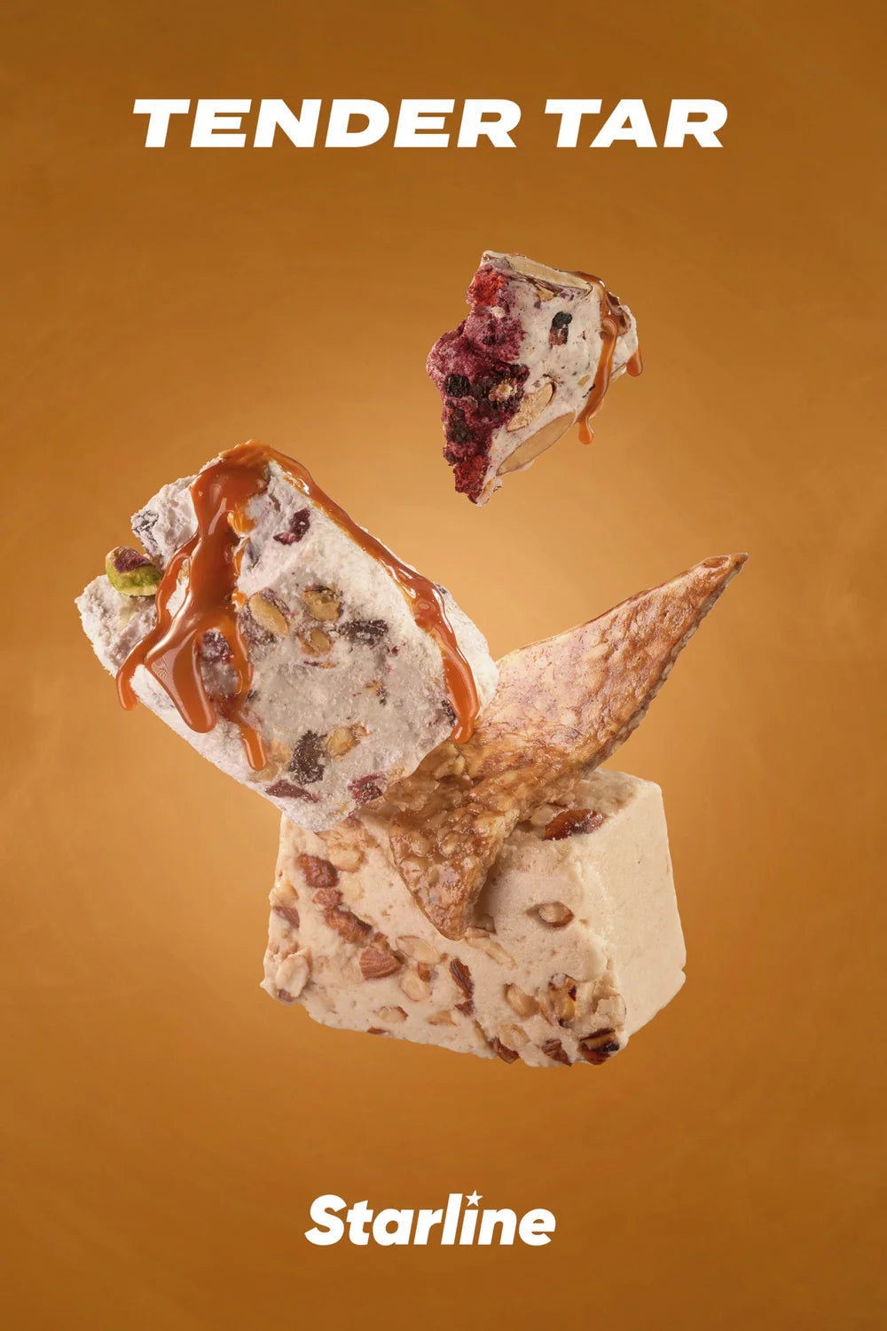LE TABAC Tender Tar Starline nougat pieces with nuts and caramel drizzle on brown background