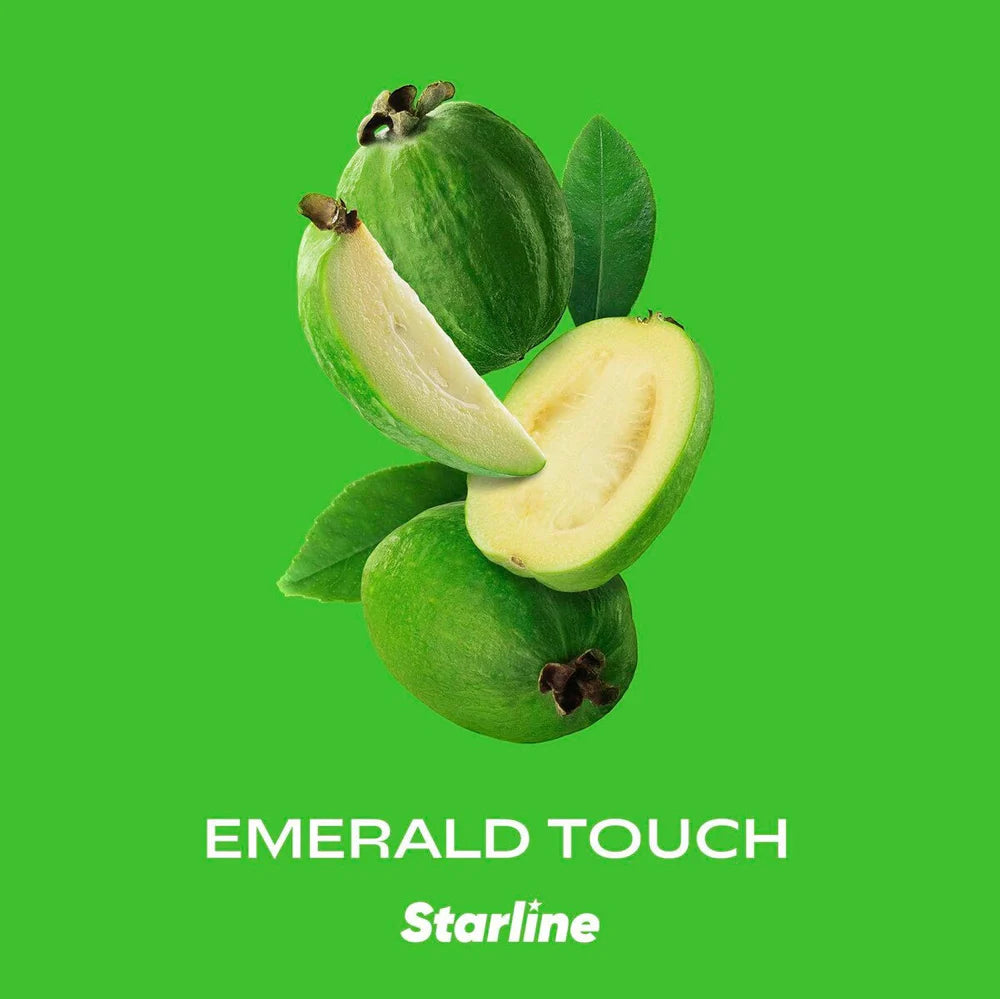 Emerald Touch Starline feijoa fruit with green skin and creamy interior on green background
