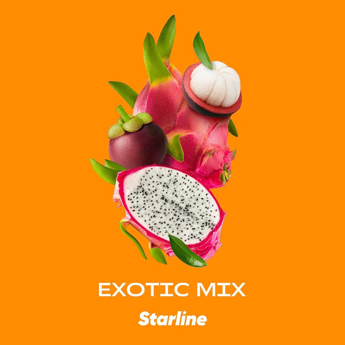 LE TABAC exotic mix featuring dragon fruit and mangosteen on an orange background