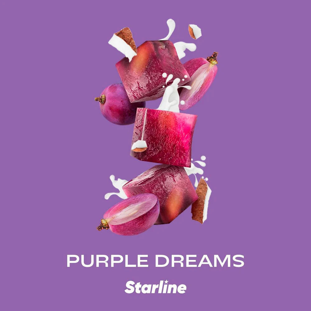 Purple Dreams Starline ice cubes surrounded by coconut pieces and purple fruit on violet background