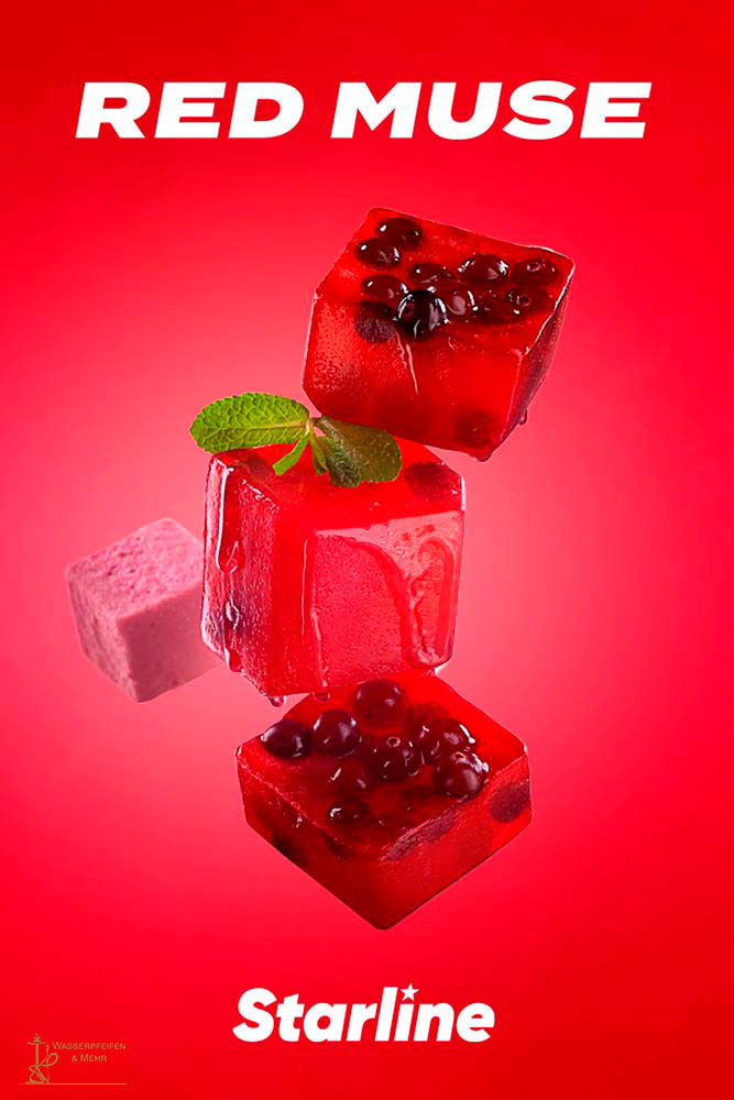Red Muse Starline gummy cubes with black tapioca pearls and mint leaf on a red background
