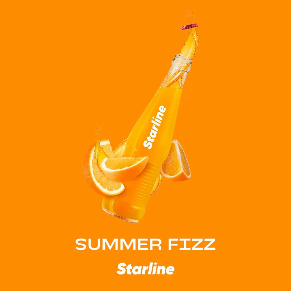 Starline Summer Fizz orange soda bottle with orange slices on bright orange background