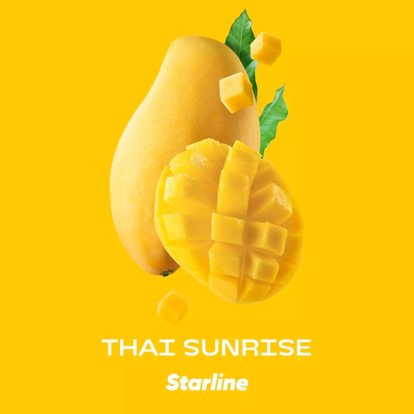 Fresh Thai Sunrise mango with bright yellow skin and cubed slices against a yellow background