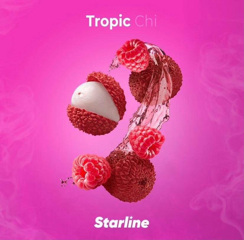 Tropic Chi Starline lychee and raspberry fruit splash on bright pink background