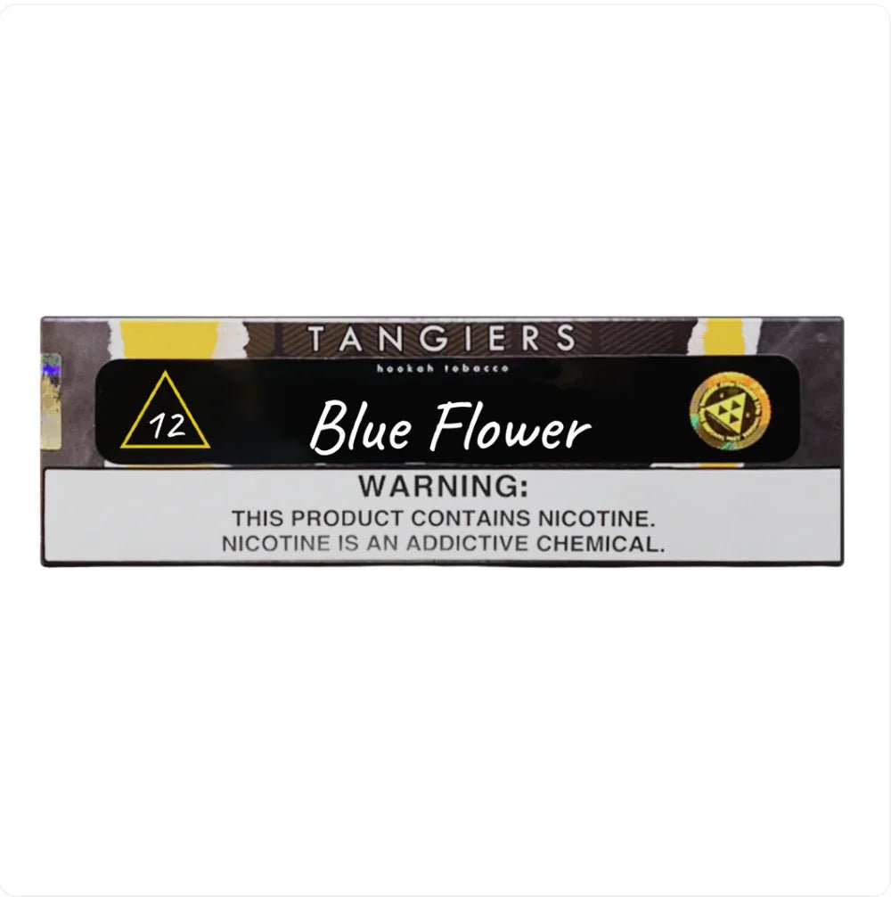 Tangiers Blue Flower hookah tobacco pack with nicotine addiction warning label