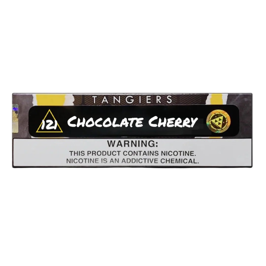 Tangiers Chocolate Cherry flavored nicotine product pack with health warning label