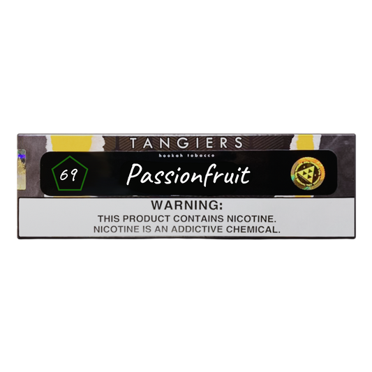 Tangiers Passionfruit hookah tobacco pack with nicotine warning label by LE TABAC