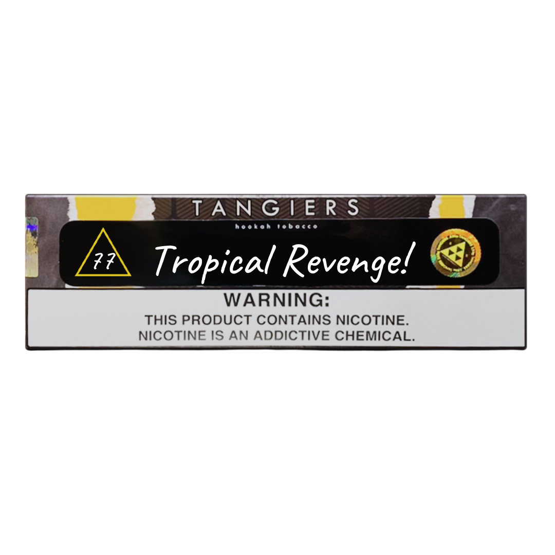 Tangiers Tropical Revenge hookah tobacco pack by LE TABAC with nicotine warning label